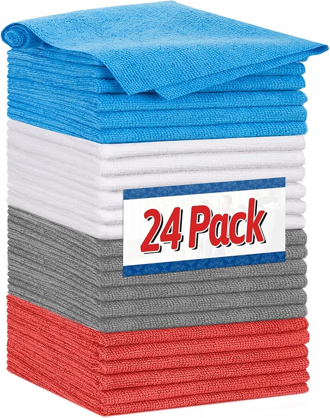 Shop Towels, Microfiber Cleaning Cloth Bulk, 24 Pack Microfiber Towels for Cars, All-Purpose Absorbent Cleaning Rags, Dust Cloth for Automotive, Mechanic, Garage, Bar, 11.5 x 11.5 inch