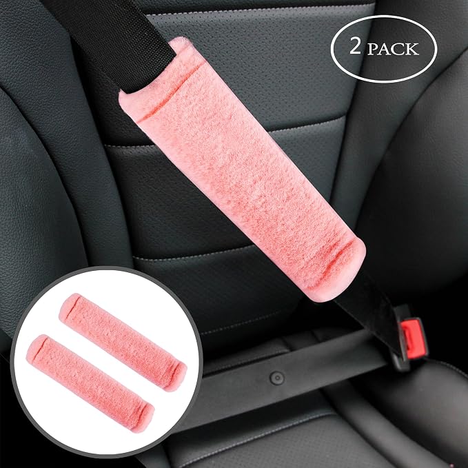 Soft Faux Fur Universal Fit Seatbelt Cover Car Truck SUV Airplane Seat Belt Shoulder Pad for Carmera Backpack Straps Neck Cushion Protector 2 Pack 10.5in Orange Pink
