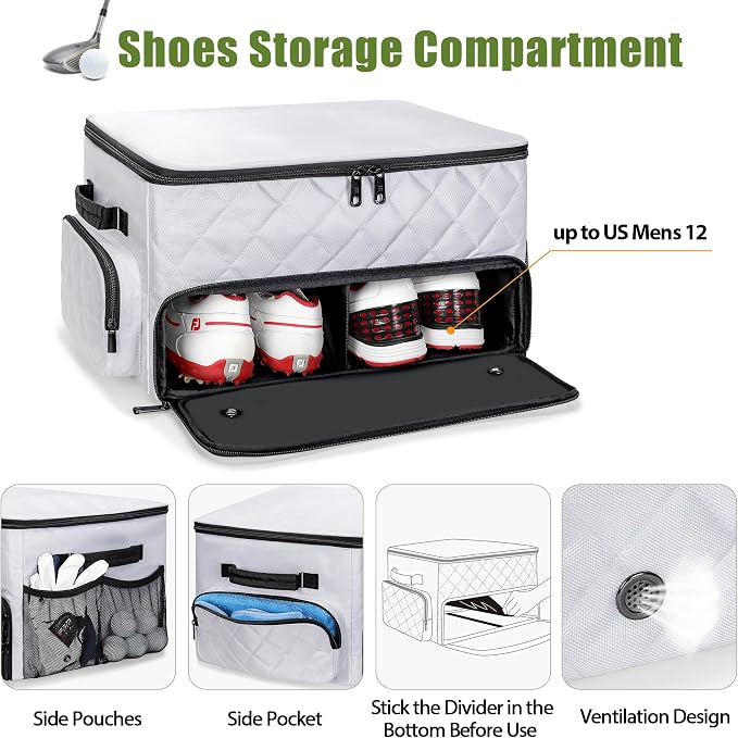 2 Layer Golf Trunk Organizer, Golf Car Storage Organizer with Individual Ventilated Compartment for 2 Pairs Shoes, Golf Car Locker for Balls, Clothes, Tees, Gloves, Accessories (White)