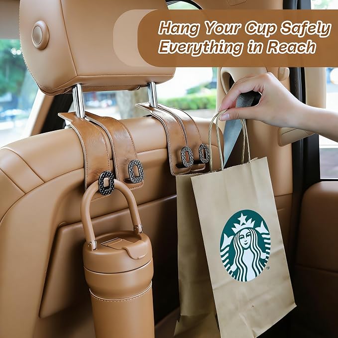 Car Headrest Hooks Universal Car Purse Hook Premium Leather and Alloy Twin Hook Car Seat Back Storage Hanger Hook for Purse Bags Cloth Drink Durable Holder Car Accessories (BH09-Brown-Black)