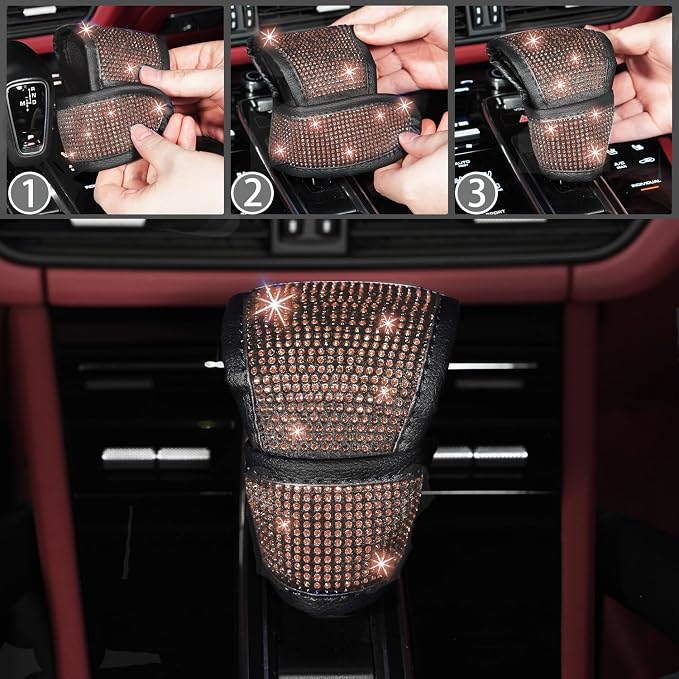 12 Pcs Bling Car Accessories Set for Women Car Floor Mats Full Set Steering Wheel Cover Seat Belt Covers Coasters Universal Fit Car SUV Truck Van Champagne
