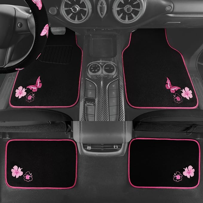 Embroidery Butterfly Steering Wheel Cover and Waterproof Car Floor Mats,Pink Car Mats 14.5-15inch Steering Wheel Covers Universal Fit for Cars, Suvs,Sedans,Van,for Women Girl(Black and Pink)