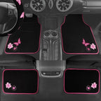 Embroidery Butterfly Steering Wheel Cover and Waterproof Car Floor Mats,Pink Car Mats 14.5-15inch Steering Wheel Covers Universal Fit for Cars, Suvs,Sedans,Van,for Women Girl(Black and Pink)