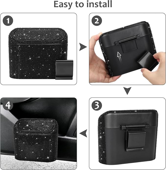 Bling Car Trash Can with Lid, Mini Vehicle Garbage Organizer Storage Bin Dustbin, Sparkling Crystal Rhinestone Holder Container with 30pcs Garbage Bags Car Accessories