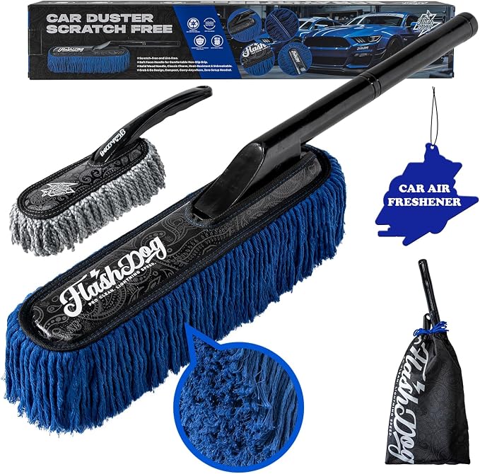 Car Duster Exterior - 25" Wood Handle | Wax Cotton Hair Scratch Free Cleaning for Cars/SUV/Truck/RV Roofs & Windshields | Waterless Dust & Pollen Remover