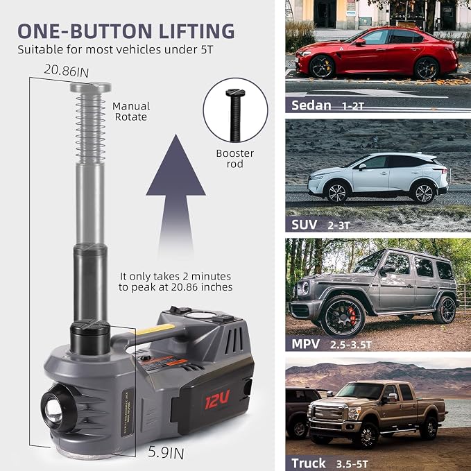Portable 5 Ton 12V Electric Car Jack Kit Hydraulic Floor Jack with Impact Wrench Tire Inflator Pump for Vehicle Emergency Repair Kit 11023lbs