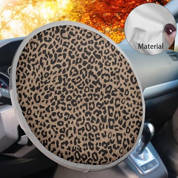 Brown Leopard Print Steering Wheel Cover Sun Shade,Insulated Car Steering Wheel Cover for Blocking Sun & Heat,Cheetah Print Car Accessories 17 inch Steering Wheel Shield for Cars SUV Trucks