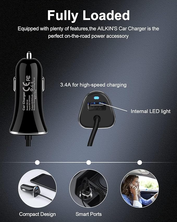 iPhone 17e USBC Car Charger with Built-in 3ft Coiled Cable Fast Charging | USB C Car Adapter for iPhone 17 16 15 Pro Max, Samsung S26 S25 Ultra Retractable Cord Type C Cigarette Lighter Adapter