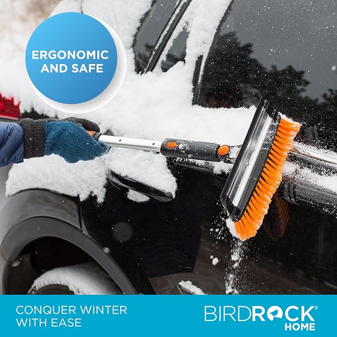 39" Extendable Snow Brush with Detachable Ice Scraper for Car - Portable Snow Removal Tool for Windshield & Vehicles - Flexible Handle, Ergonomic Grip, 11" Wide Squeegee & Bristle Head