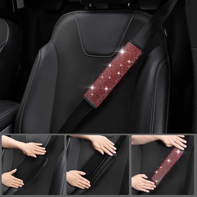 11 PCS Bling Red Steering Wheel Cover Set for Women, Sparkly Rhinestone Diamond Bling Seat Belt Cushion, Glitter Shift Knob Cover, Car Cup Holder Coaster, Cute Interior Sets Red 14.5"-15"