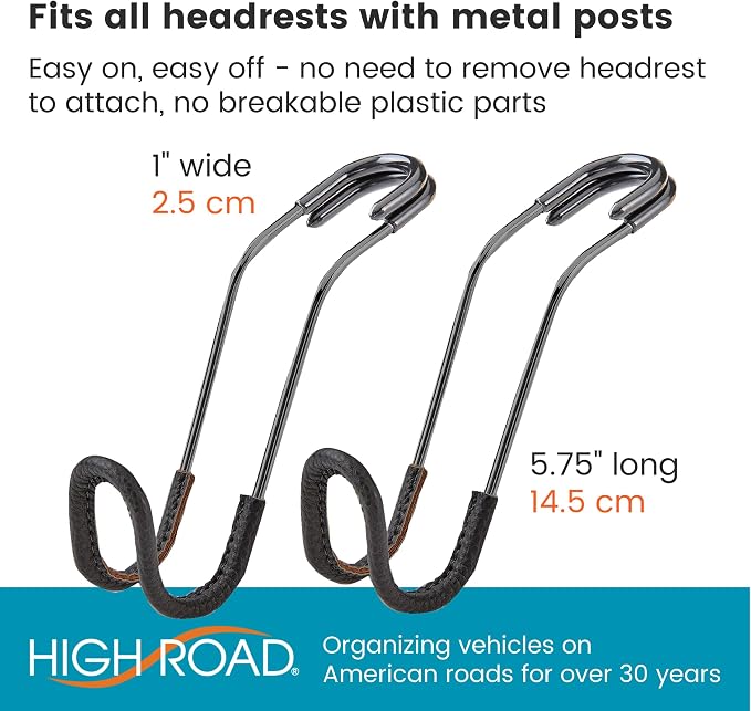 Car Hooks for Purses and Bags with Leather Trim - Unbreakable Car Seat Hooks for Large Purse Straps and Heavy Bags up to 40 lbs - Secure Attachment Loops Fit All Headrest Posts, 2-Pack