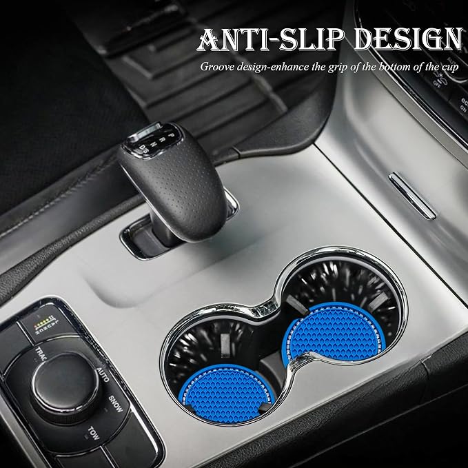 2PCS Bling Cup Holder Coaster, 2.75 Inch Auto Car Cup Holder Insert Coasters, Soft Silicone Anti-Slip Shockproof, Universal Vehicle Interior Accessories for Women Girls (Emerald Blue & White)