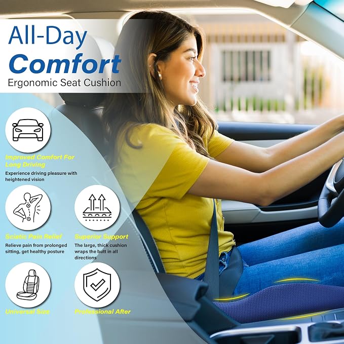 Car Seat Cushion for Driving, Car Seat Pillow for Short Drivers | Ergonomic Memory Foam Seat Cushion for Pain Relief, Adult Booster Seat for Car, Butt Cushion for Car, Truck, Office, Blue