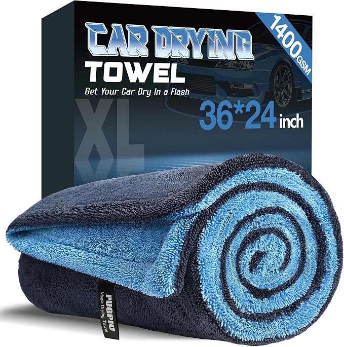 PUGPIU 1400GSM Large Microfiber Car Drying Towel Detailing 24"x36" | XL Super Absorbent Microfiber Towels - Edgeless with Twisted Loop - No Lint Streak for SUV Truck Car Detailing (Blue)