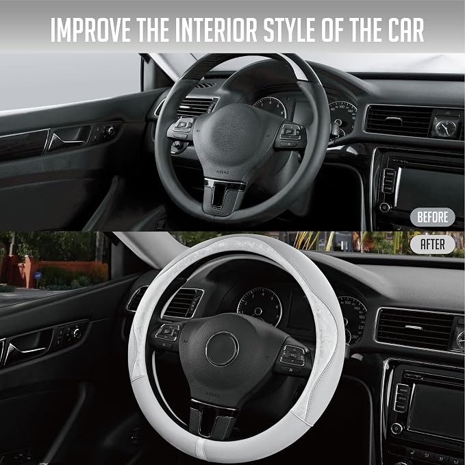 Steering Wheel Cover, Silver Patterned Leather Patchwork Design, Universal Fit 14.5"–15.5", Anti-Slip, Odor-Free, Soft PU Grain Leather, Durable Grip Car Accessory for Girls & Women