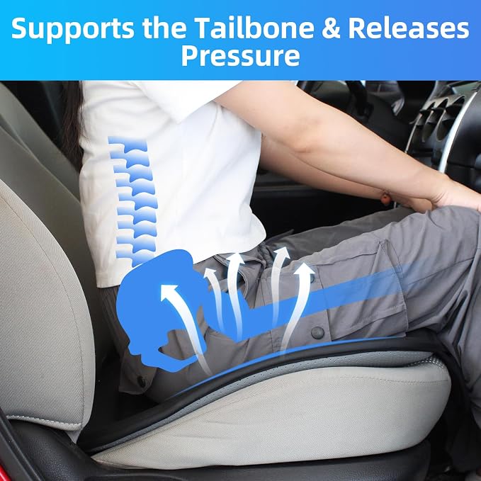 Car Seat Cushion, Comfort Memory Foam Car Cushions for Driving, Breathable Leather Surface with Anti Slip Rubber Bottom, Seat Cushion for Car and Office Chair (1 Pack, Grey)