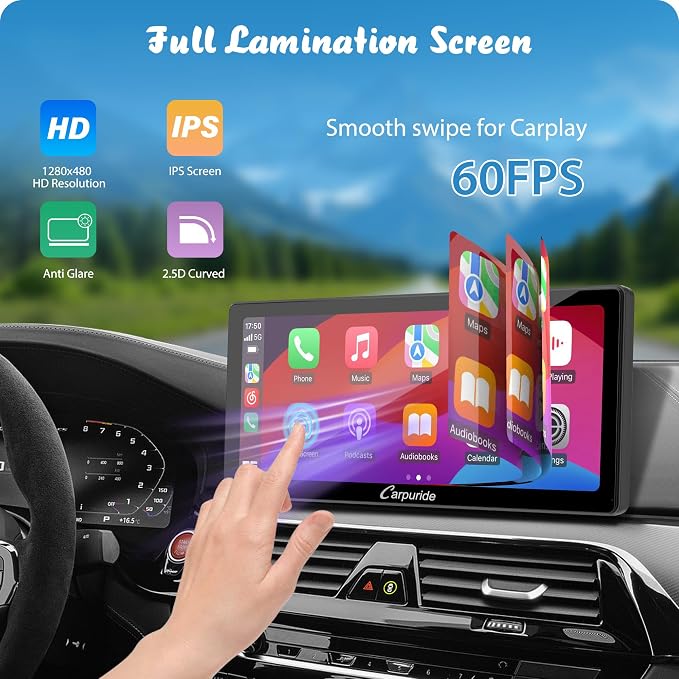 Carpuride W103 Pro with Wireless Bluetooth Transmission Portable Carplay & Android Auto Car Stereo, 10.3 inch 1080P Touch Screen, Mirror Link/GPS/Siri/FM, with 3 Bracket，Dual BT