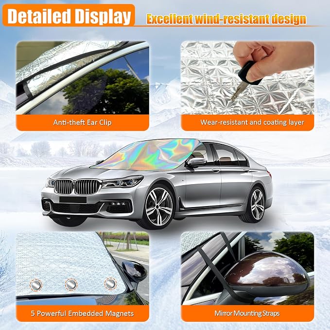Car Windshield Snow Ice Cover, Laser Titanium Silver Windshield Snow Ice Cover with Magnetic Edges Used for Snow Protection, Rain and Sun, Fits for Most Cars, SUV(63"x47")