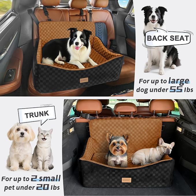 Dog Car Seat for Medium/Large Dogs - Reversible Dual-Sided Travel Dog Car Bed with Memory Foam, Washable Pet Booster Seat for Dogs up to 55 lbs or 2 Small Dogs, 2 Safety Leashes, Brown