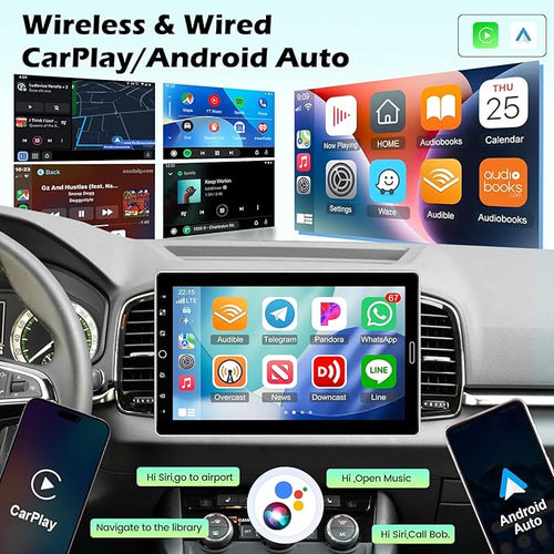 10.1 inch Single Din Touchscreen Radio 10 inch Car Stereo with Wireless Carplay Support AM FM Radio/YouTube Video/Bluetooth/Car Play/Android Auto + Backup Camera + Mic
