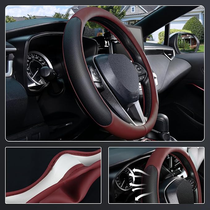 Steering Wheel Cover for 14.5-15 inch Wheels, Breathable PU Leather with Perforated Sides, Anti-Slip Grip, Universal Fit for Cars & SUVs, Black and Burgundy