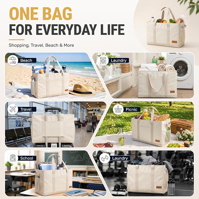 Extra Large Utility Tote Bag - Standing Reusable Grocery Bag with Handle, Collapsible Storage for Shopping, Beach