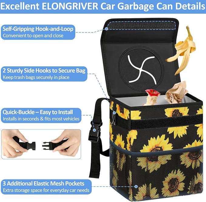 Car Trash Can Bin for Back Seat Leak Proof, Cute Car Trash Bag Hanging, Vehicle Trash Can for SUV Truck Van, Automotive Garbage Cans Front Seat Sunflower Floral