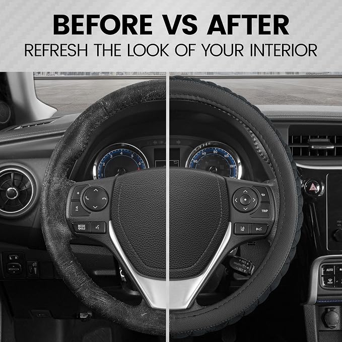 GripTech Plush Fuzzy Steering Wheel Cover for Car Truck Van SUV, Standard 15 inch Size, Soft Black Fluffy Exterior, Comfortable Ergonomic Car Steering Wheel Cover
