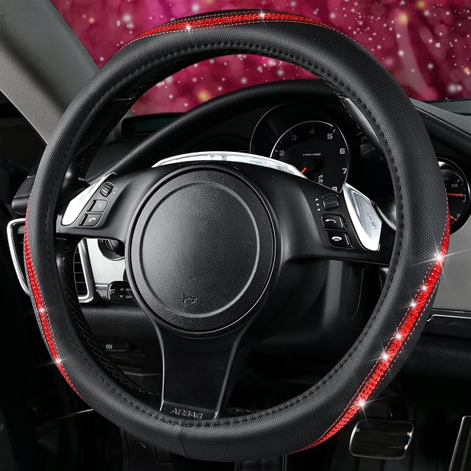 Bling Diamond Black Leather Steering Wheel Cover, Studded Crystal Rhinestones Universal Fit 14" 1/2-15" Glitter for Women Sparkle Girl Fit Suvs,Vans,Sedans,Car,Trucks, Red Diamond