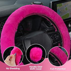 Furry Car Steering Wheel Cover with Gear Shift Cover, Soft and Warm, Cute Fluffy Auto Decor for Women Men, Standard Size, 2 PCS Set, Magenta