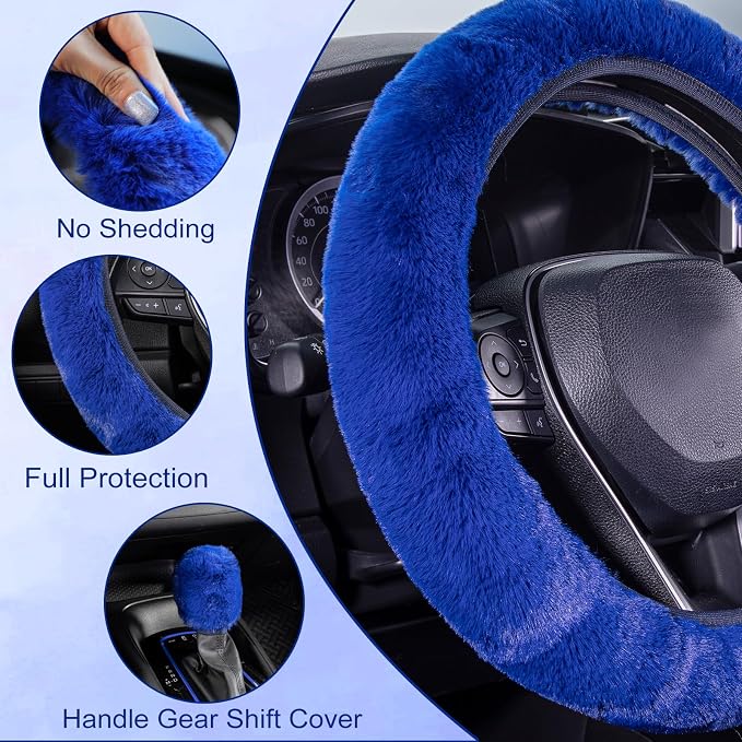 Furry Car Steering Wheel Cover with Fluffy Gear Shift Cover Soft Warm Non-Slip Car Decoration for Men Women Girls 2 PCS Set, Blue