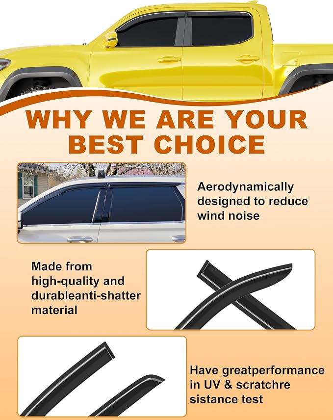Extra-Thick Window Rain Guards Fit for Toyota Tacoma 2016-2023 Double Cab Tape-on Window Deflectors Rain Guards Full-Size Vent Visors Truck Vent Shades