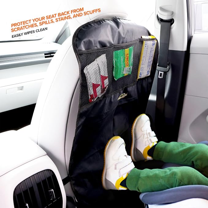 Car Backseat Kick Mat with Storage, Backseat Kick Protector for Kids with 3 Mesh Pockets, Protects from Kicks, Scratches, Scuffs, Spills, Stains, 3 Adjustable Straps for Easy Installation