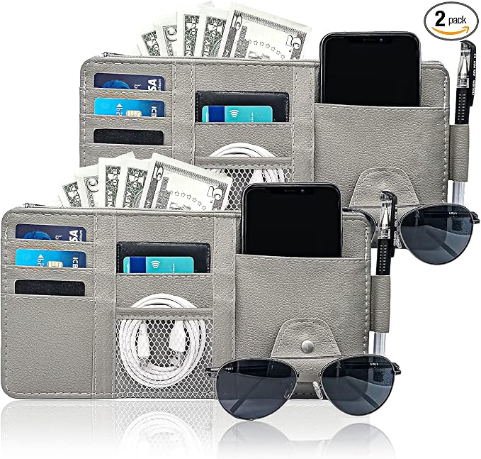 2Pcs Car Sun Visor Organizer with Zipper Pocket, Car Truck Visor Storage Pouch Holder Travel Auto Document Holder for Mobile Phone, Sunglasses, Card - Gray