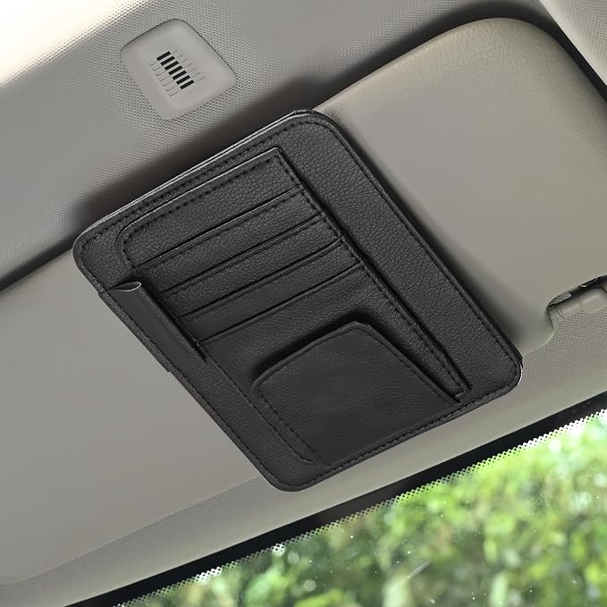 Auto Car Sun Visor Organizer, Multifunctional Auto Interior Accessories Storage Pocket Sun Visor Pouch for Card License Registration Document Pen Key Interior Accessories Pocket Organizer (Black)