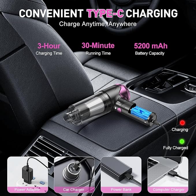 Handheld Car Vacuum Cleaner, 10000PA Vacuum Cleaner & Air Duster, 120W High Power Vacuum Portable Cordless, Hand Held Vacuum Rechargeable with Multi-Nozzles & LED Light for Home, Car, Office