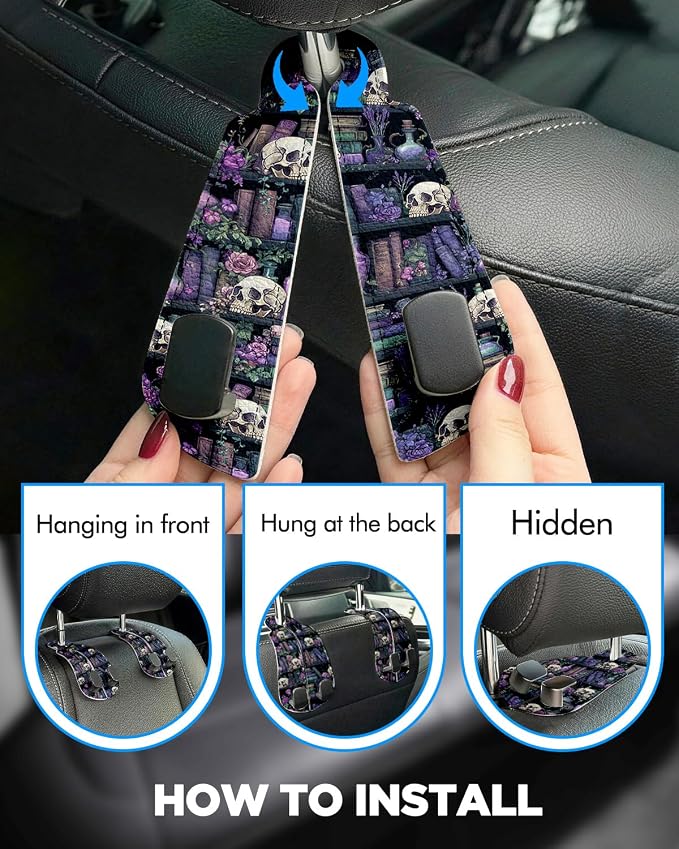Purse Holder for Car, 2 Pack Heavy Duty Purse Hanger for Car, PU Leather Car Seat Hooks for Purses and Bags, Cute Purple Skeleton Headrest Organizer for Handbags & Backpacks