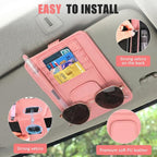 Sunglass Holder for Car Visor, Multi-Pocket Leather Car Sun Visor Organizer with Ticket Pens Card Clip, Sunglasses Holders,Suitable for All Size Eyeglasses,Car Accessories Keep Tidy (Pink)