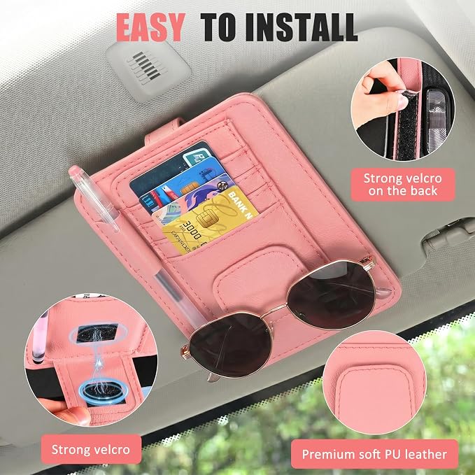 Sunglass Holder for Car Visor, Multi-Pocket Leather Car Sun Visor Organizer with Ticket Pens Card Clip, Sunglasses Holders,Suitable for All Size Eyeglasses,Car Accessories Keep Tidy (Pink)