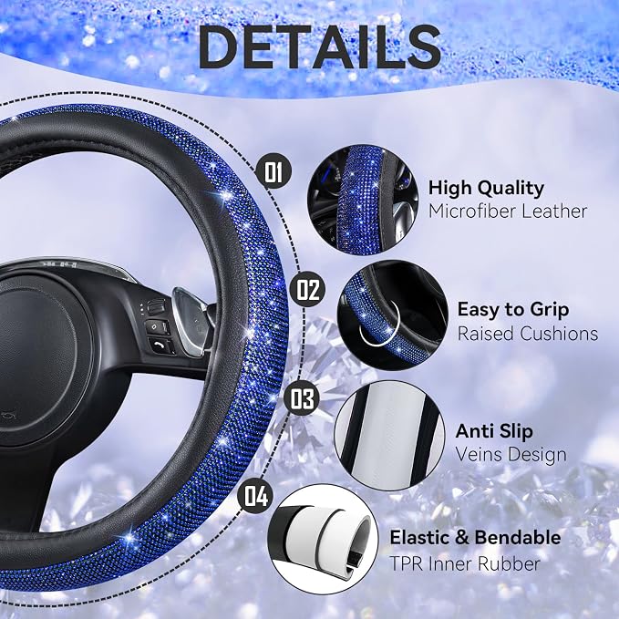 Bling Diamond Leather Steering Wheel Cover 14.5in-15in Floor Mats Shining Rhinestone Carpet Sparkly Glitter Crystal Anti-Slip Pad Fit Automotive SUV Pickup Truck Girl Women, 5pcs Black Blue