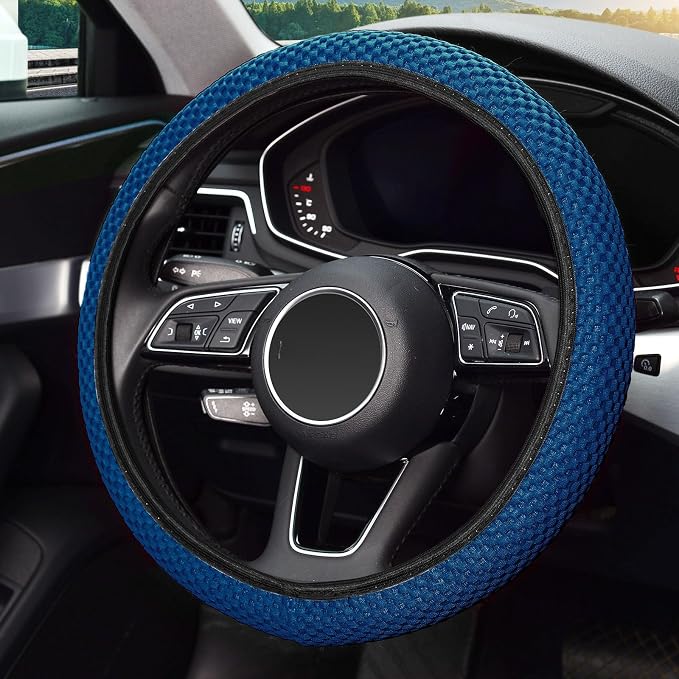 Elastic Stretch Steering Wheel Cover 15 Inch, Breathable Ice Silk Microfiber, Non-Slip Grip, Warm in Winter and Cool in Summer, Odorless, Car Accessories Fit Cars, SUVs, Light Blue