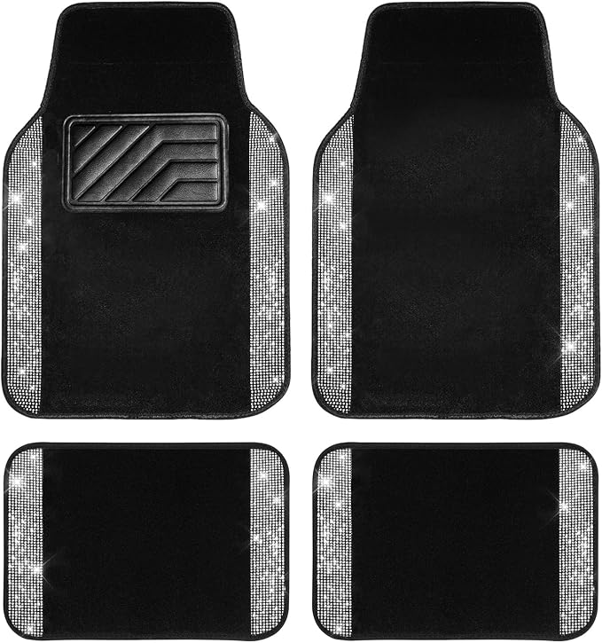 Bling Diamond Car Floor Mats, Shining Rhinestone Carpet Sparkly Glitter Crystal with Anti-Slip PVC Heel Pad Waterproof Universal Fit Automotive SUV,Sedan,Van,Cute Girl Women,4pcs Black Sliver