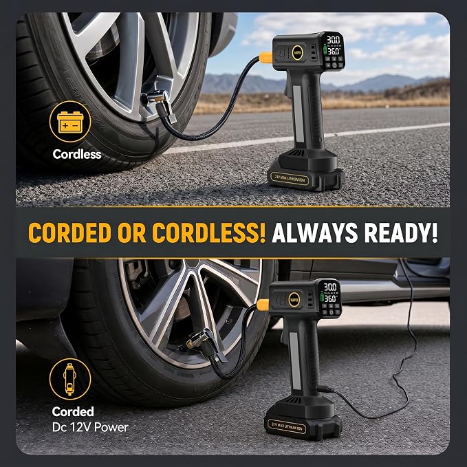 21V Cordless Portable Tire Inflator – Fast Inflation, 160PSI Air Compressor, Rechargeable Battery & 12V Car Adapter, Digital Pressure Gauge, Air Pump for Car, SUV, Motorcycle, Bike, Ball