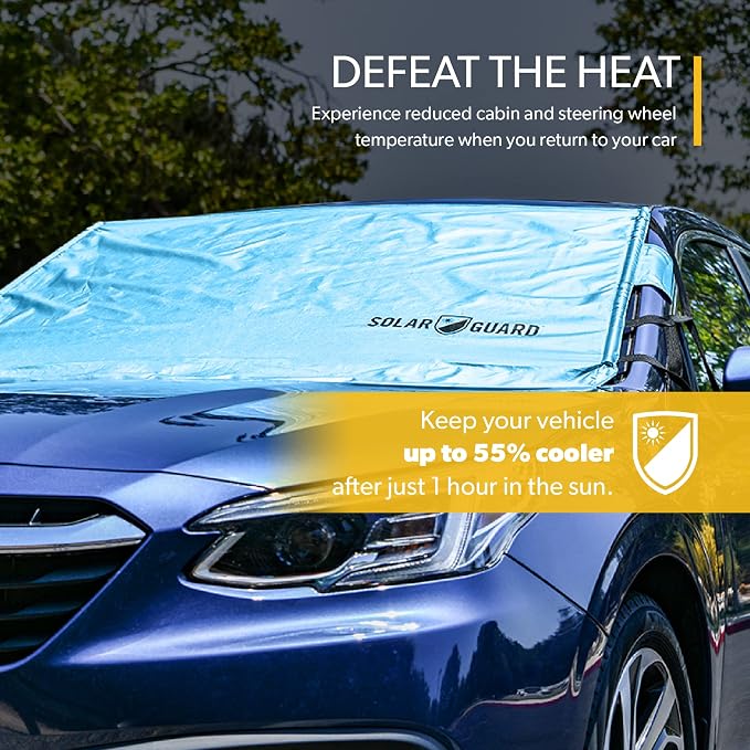 SolarGuard Plus Sunshade for Car Windshield - Reflective Car Shades for Windshield, Blocks Damaging UV Rays - for Use on Front Window Exterior, Includes Security Flaps - Pool Blue, Standard Size