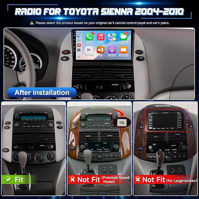 8 Core Radio for Toyota Sienna 2004-2010 Stereo Wireless Carplay Android Auto, 9” Touch Screen for Sienna Android Head Unit BT/Voice Control/GPS/WiFi/Camera/SWC/FM