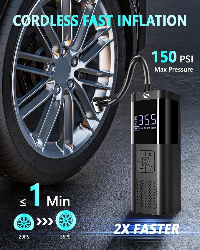 Tire Inflator Portable Tire Compressor, Cordless Tire Inflator with LED Light for Car Motorcycle Bicycle Ball, Car Accessories Essential for Men, 150PSI Air Tire Pump with Gauge