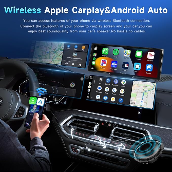10.26" Touchscreen Wireless Carplay Portable Car Stereo Android Auto, Car Play Navigation, Voice Control, Bluetooth/AUX/FM, Car Radio Receiver
