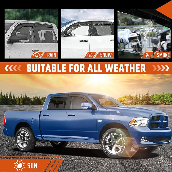 Rain Guards Fit for Dodge Ram 1500 Crew Cab 2009 2010 2011 2012 2013 2014 2015 2016 2017 2018, Tape-On Side Window Deflector Durable 2009-2018 Ram 1500 Crew Cab Rain Guard Black 4 PCS
