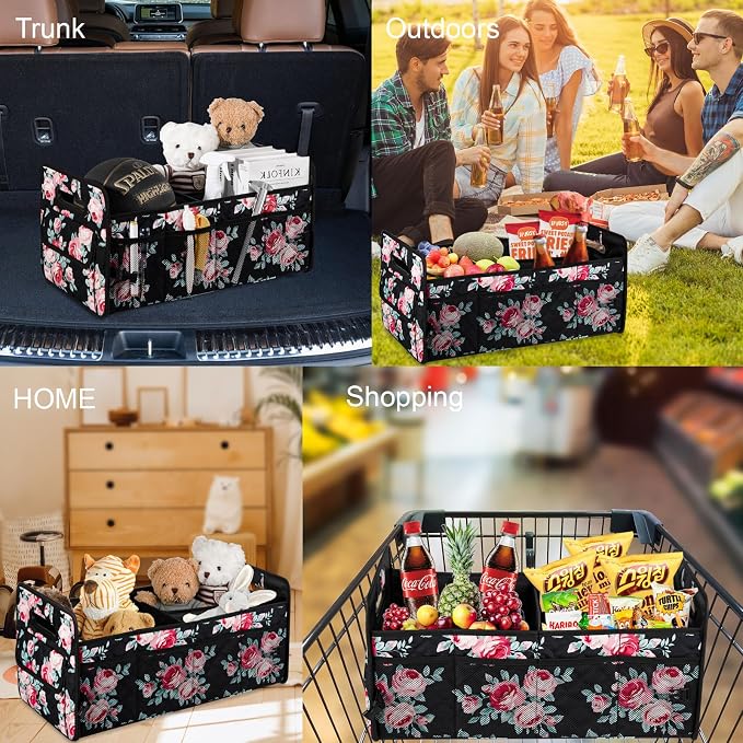 Car Trunk Organizers and Storage for SUV, Collapsible Multi Compartment Container Box Adjustable Car Accessories for Women Men, Black Floral