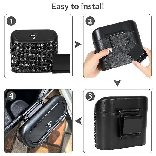 Bling Car Trash Can with Lid, Mini Auto Garbage Storage Bin with 60pcs Garbage Bags, Sparkling Crystal Trash Bags Holder Dustbin Vehicle Accessories Container Organizer (Black Rhinestone)